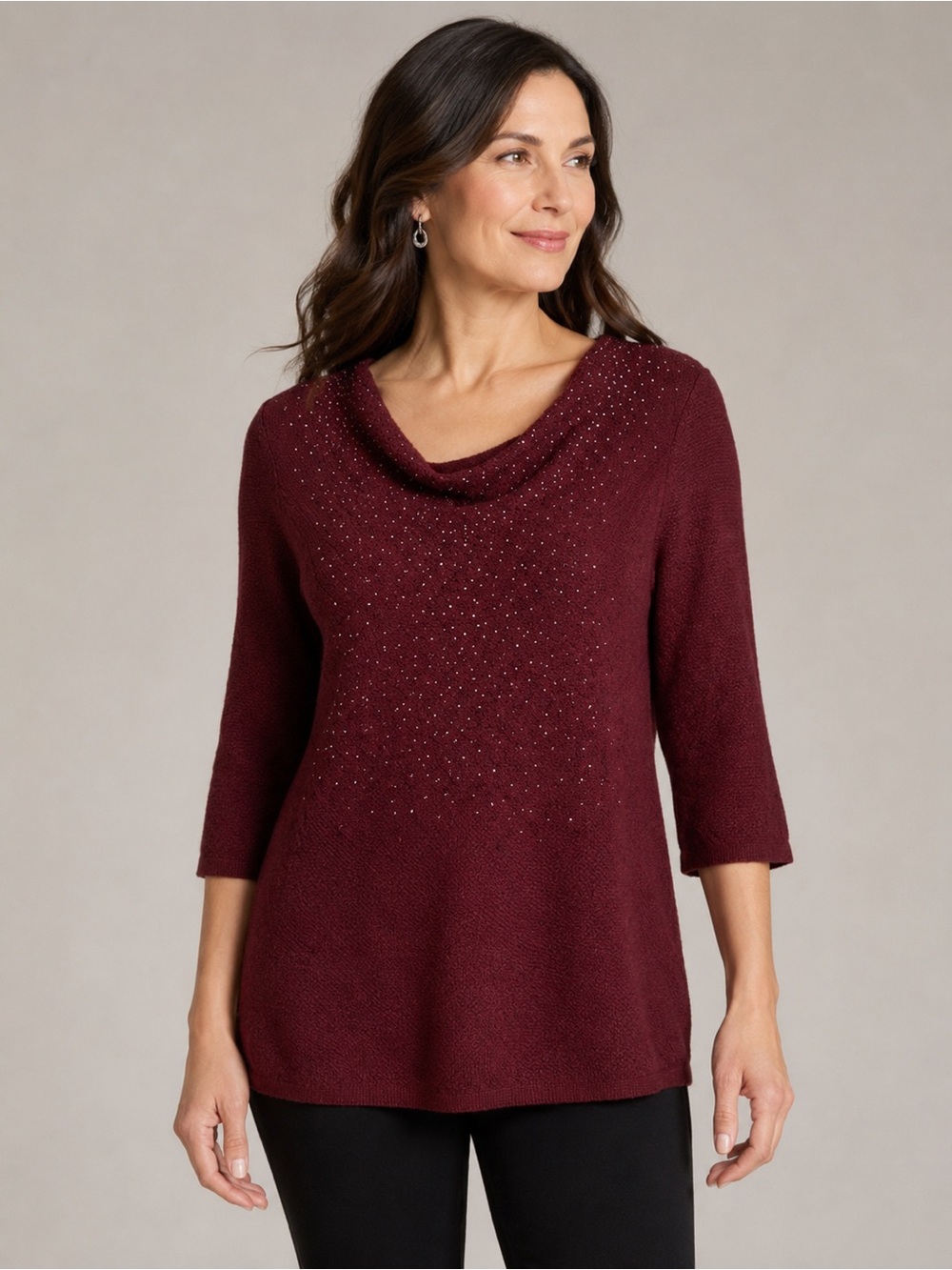 Eileen Fisher Beaded Merino Wool Cowl Neck Sweater Burgundy M Special Occasion